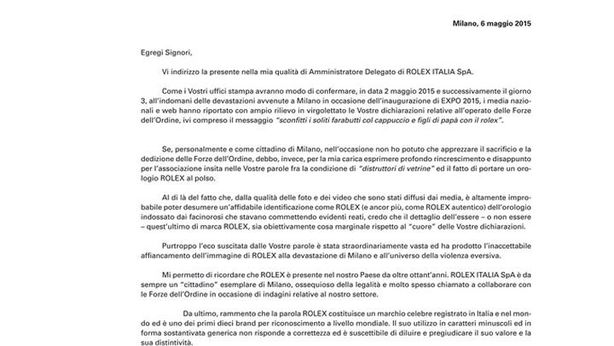 Violenze anti Expo: lettera di protesta di Rolex contro Renzi e Alfano