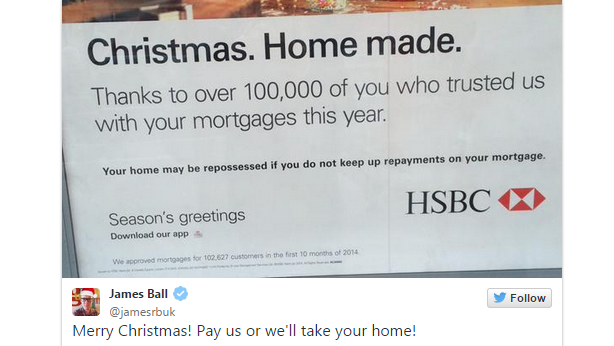 HSBC: messaggio auguri ai clienti. “Buon Natale. Pagate o confischeremo le vostre case.”