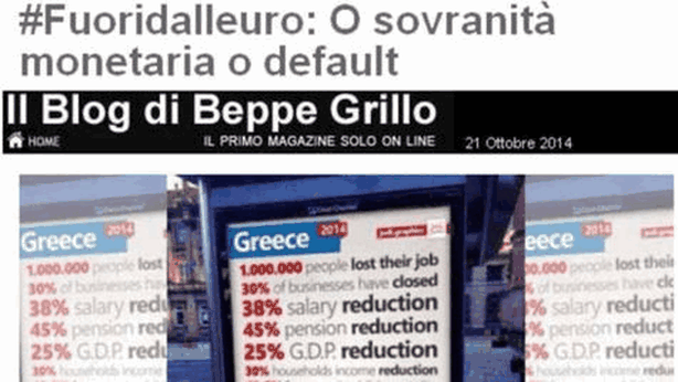 Grillo insiste: Italia fuori dall’euro o si rischia il default