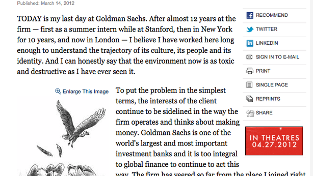 Dirigente Goldman Sachs annuncia l’addio sul New York Times