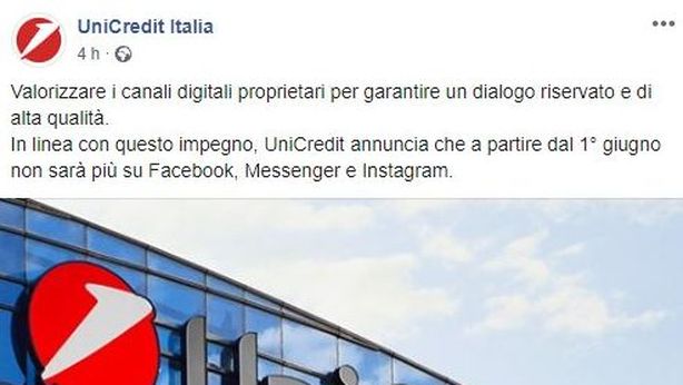 UniCredit, addio social: dal 1° giugno chiusi gli account Facebook e Instagram