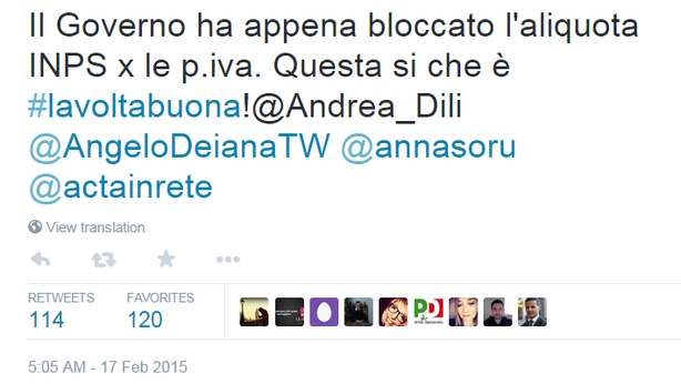 Renzi: bloccata aliquota Inps per Partite Iva. #lavoltabuona