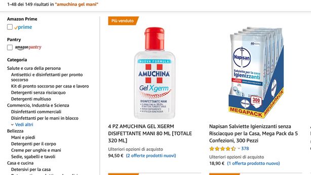Coronavirus, prezzi record per l’Amuchina su Amazon