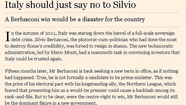 Ft: “L’Italia dovrebbe dire no a Silvio”